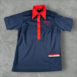 Vintage Hilton Bowling Shirt Womens 38 Navy Blue Chain Stitched 70s Collared Top